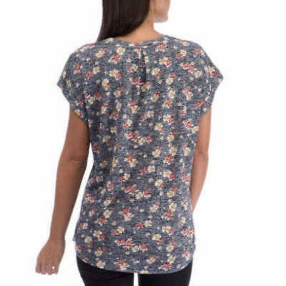 Bobeau Woman Slub V-Neck Tee Short Sleeve Navy Floral Print Top Womens Sz Small - Picture 2 of 7